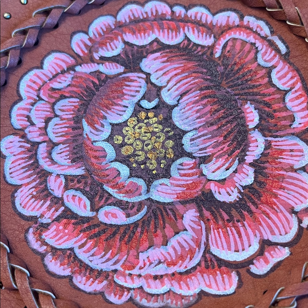 Round Crossbody Circle Bag • Hand-Painted Peony • Vegan Leather • Tassel & Studs - Picture 3 of 4